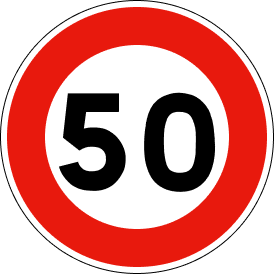 Red and white circular speed limit sign with bold black "50" in the center indicating a maximum speed of 50 kilometers per hour.