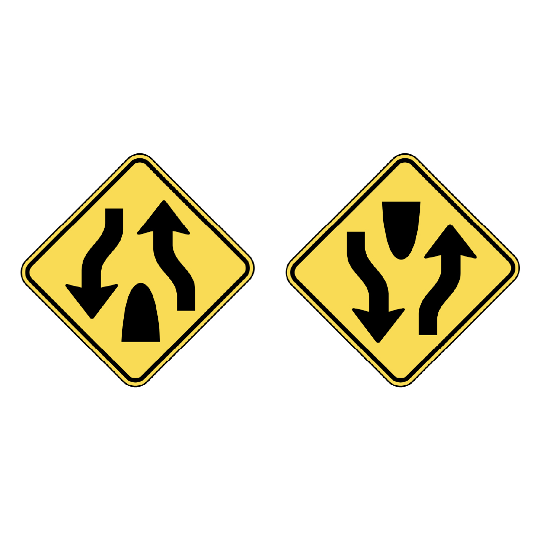 Two diamond-shaped yellow traffic signs with black arrows to signal a divided highway.