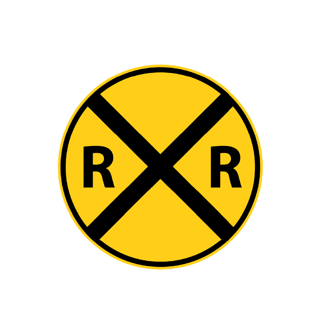 Yellow circular railroad crossing sign with a black "X" and the letters "R R" on either side.