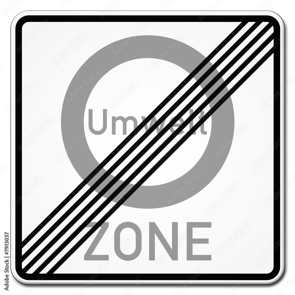 A square German road sign indicating the end of an "Umwelt Zone" with a gray circle crossed by four diagonal black stripes.
