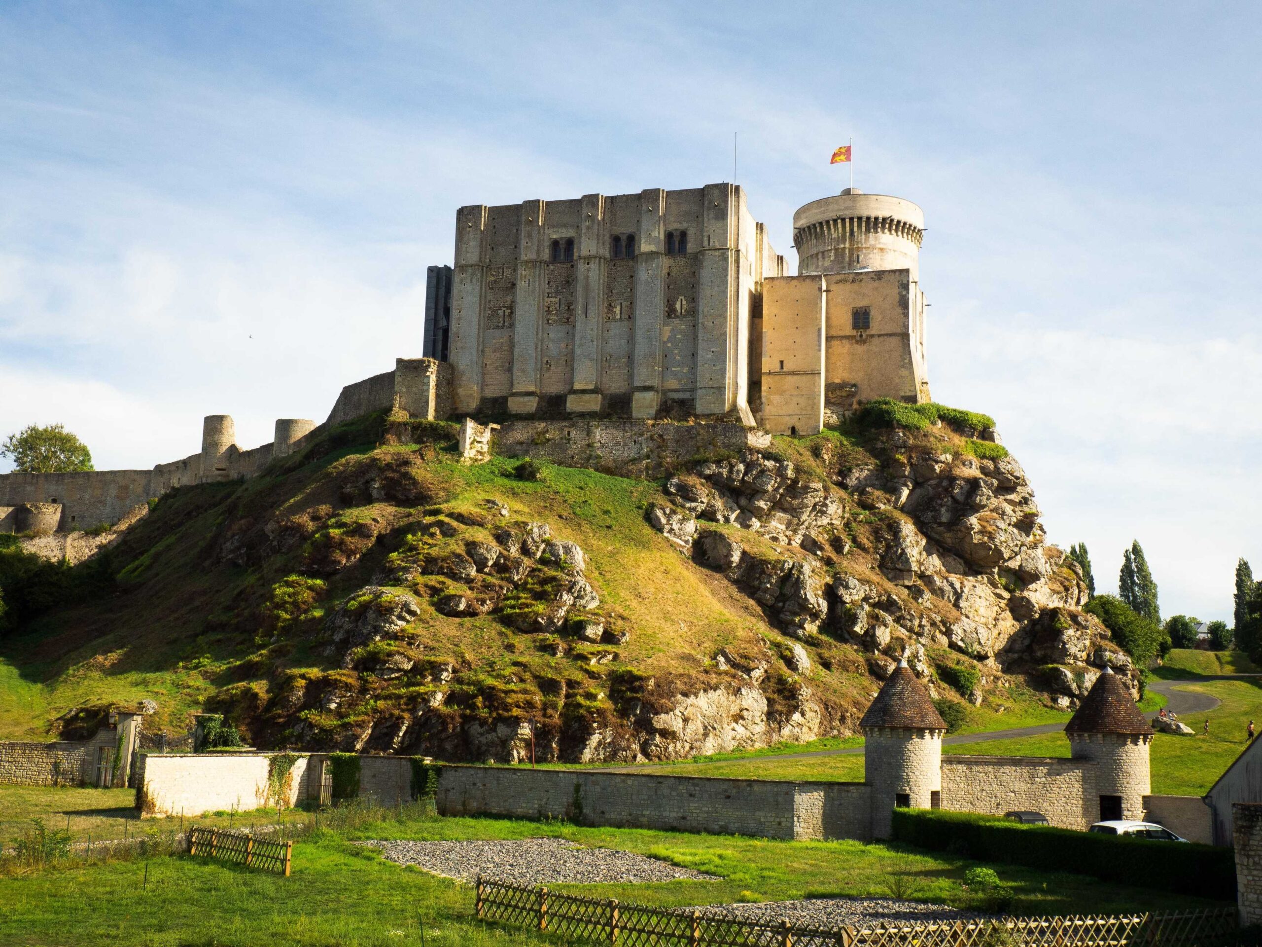 The stone Château de Falaise in Falaise in Normandy on a rocky hill.