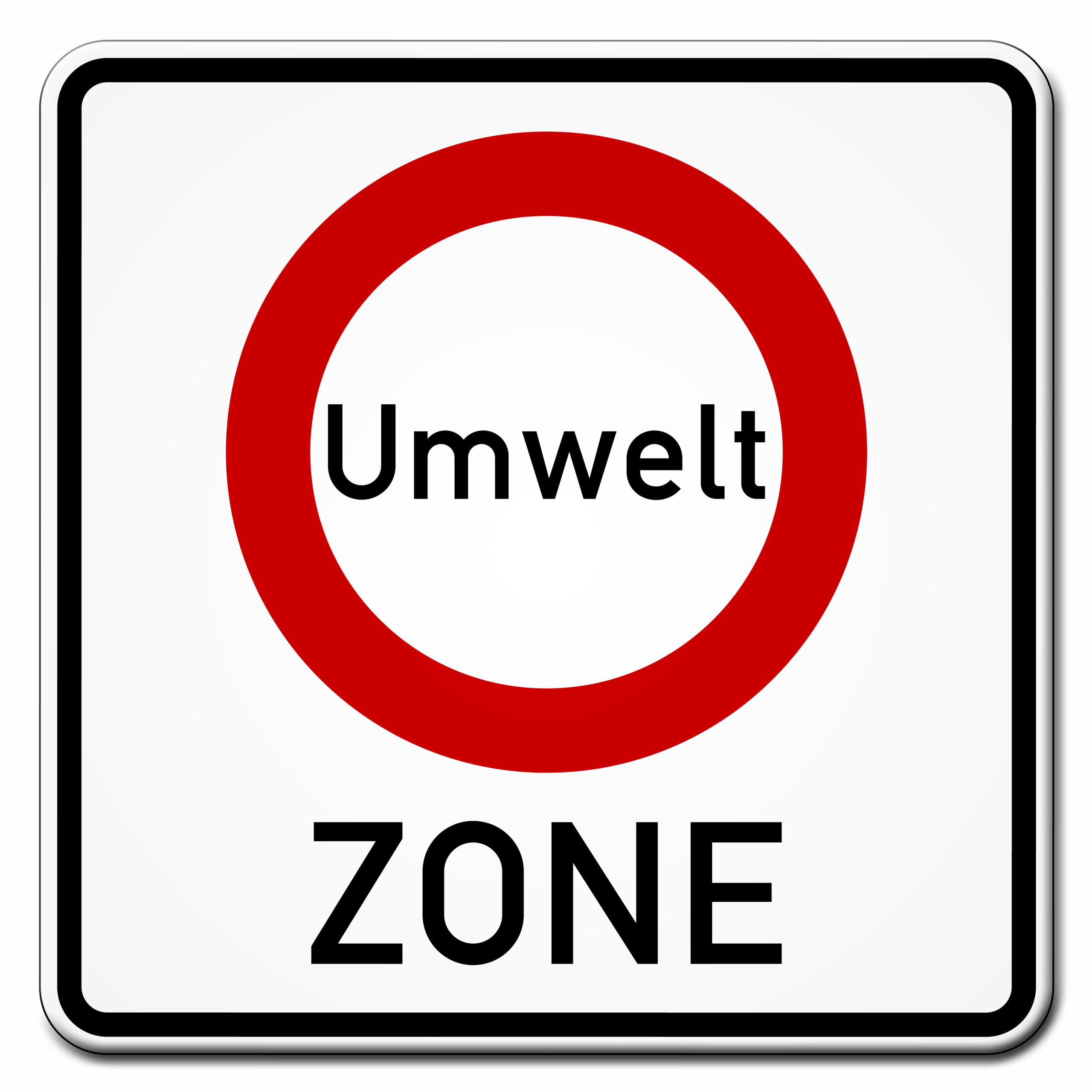 A white square sign with a red circle and the word "Umwelt" inside. 