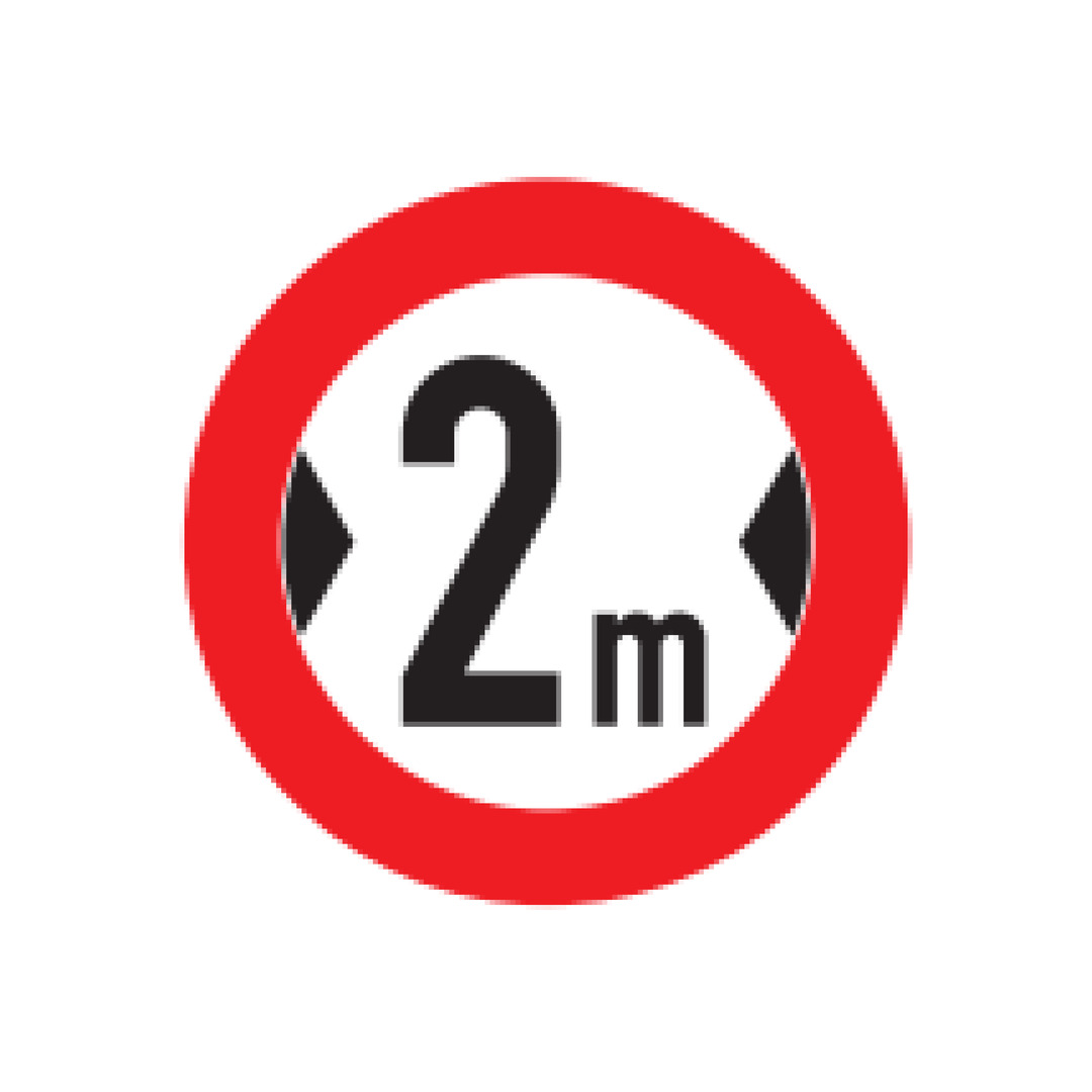 Traffic sign with a red circle and black arrows indicating a 2-meter width restriction.