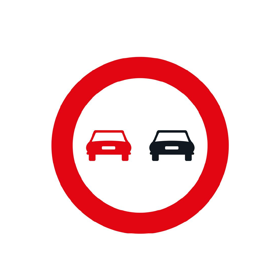 Traffic sign with two cars inside a red circle one is red and the other is black.
