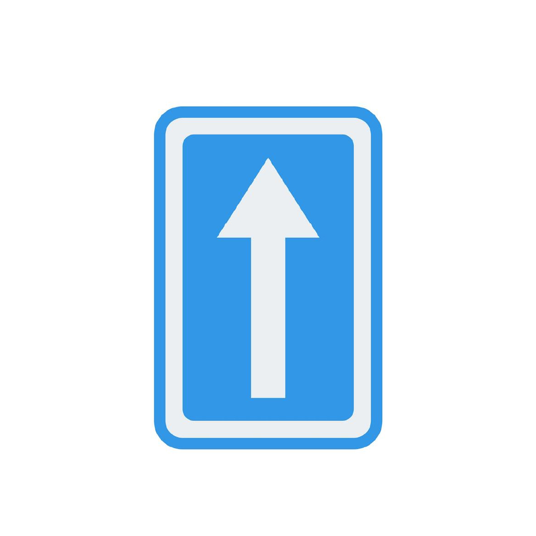 A blue triangular road sign with a white upward arrow indicating a one-way street.