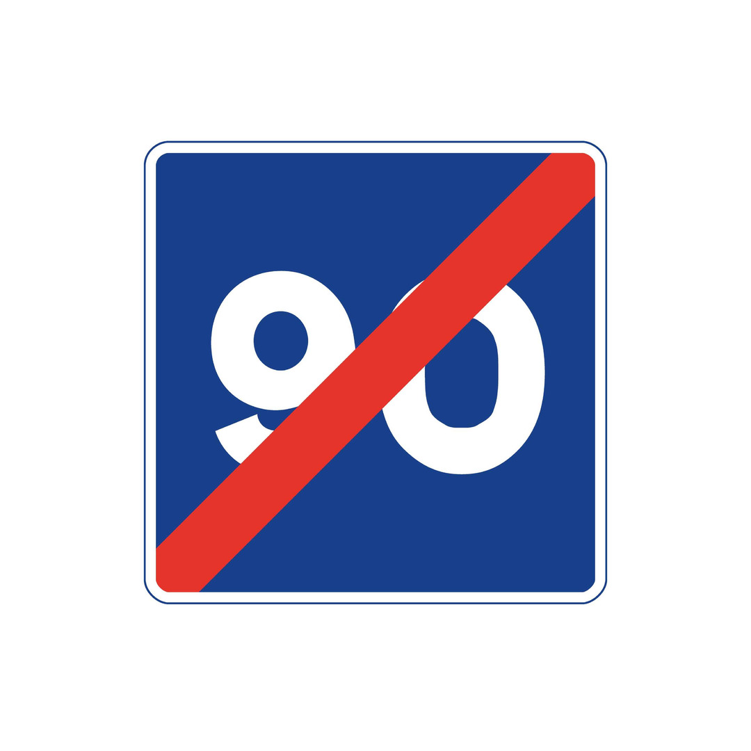 Blue square with the white number '90' in the centre with a red diagonal line through it to outline the recommended speed limit has ended.