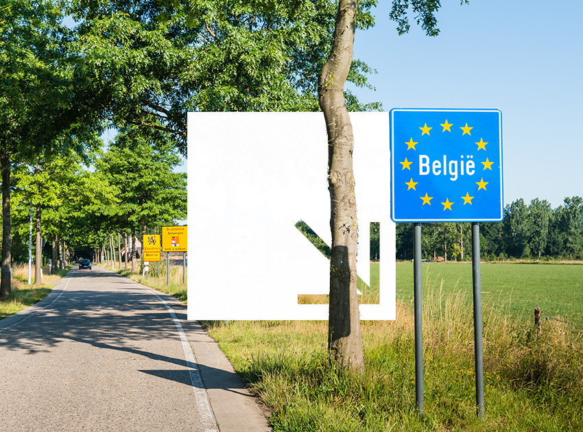 Belgium border sign on a country road, explaining Belgian driving regulations and the value of car hire excess insurance when travelling across Europe.