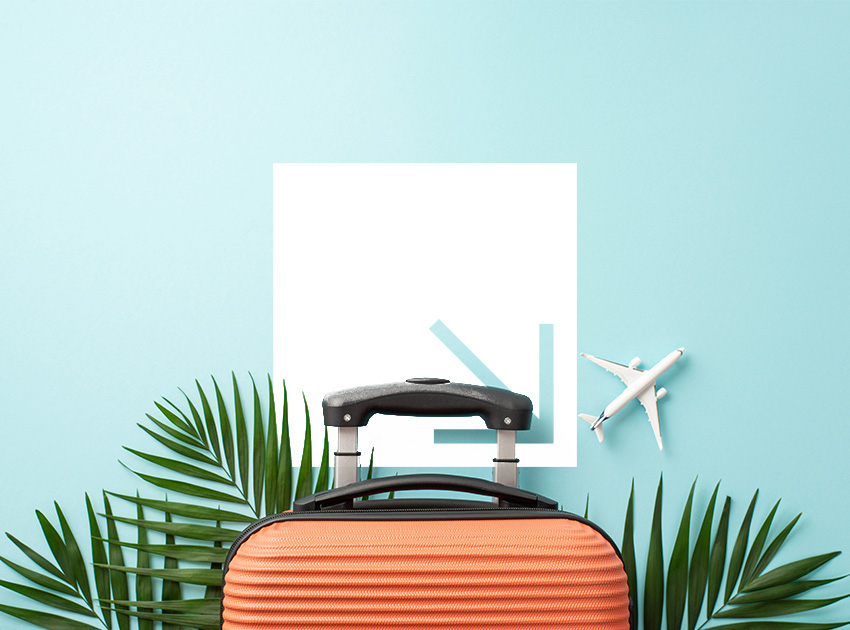 Orange suitcase with palm leaves and a toy plane against a light blue background, symbolising travel planning and the benefits of car hire excess insurance.