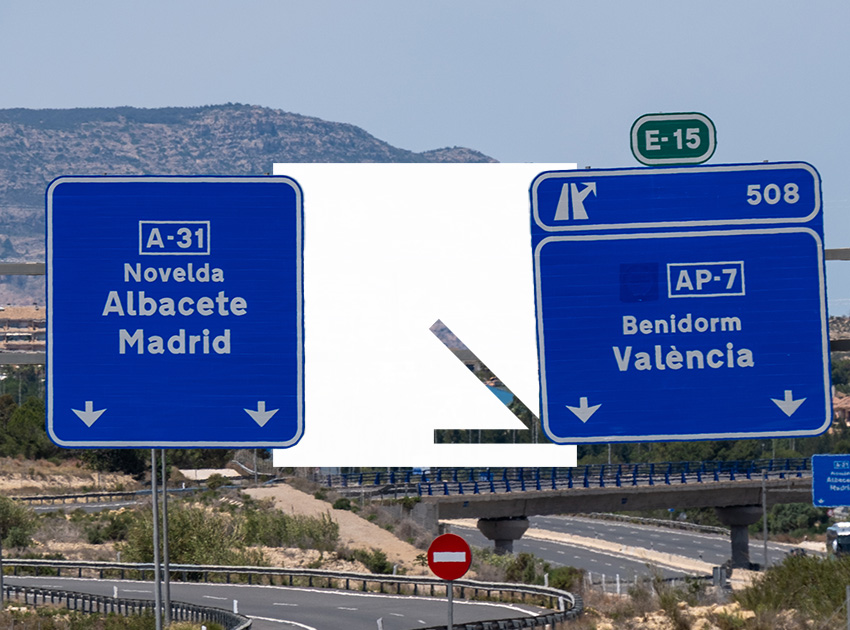 Spanish motorway signs for Madrid and Valencia, highlighting key road markings for travellers driving in Spain with car hire excess insurance.