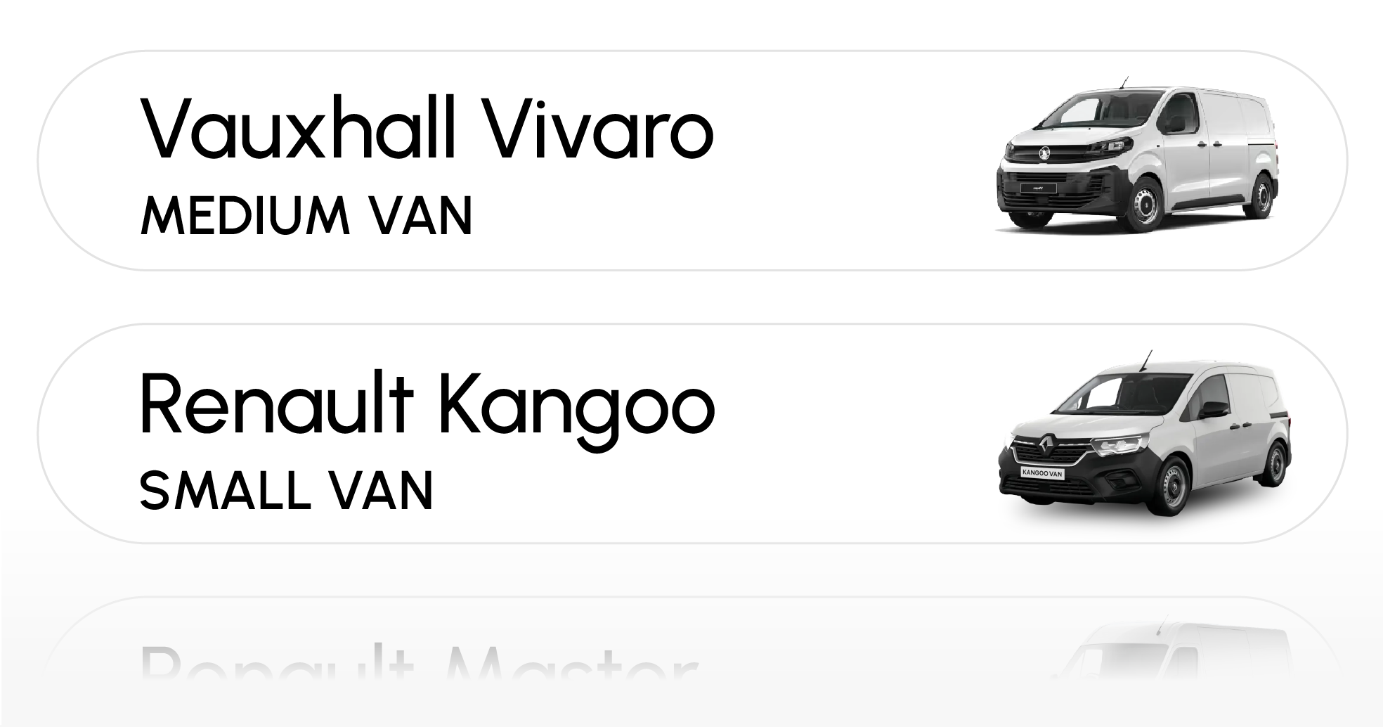 A white Vauxhall Vivaro Medium Van and a white Renault Kangoo Small Van are shown in white ovals with their names in black bold text.